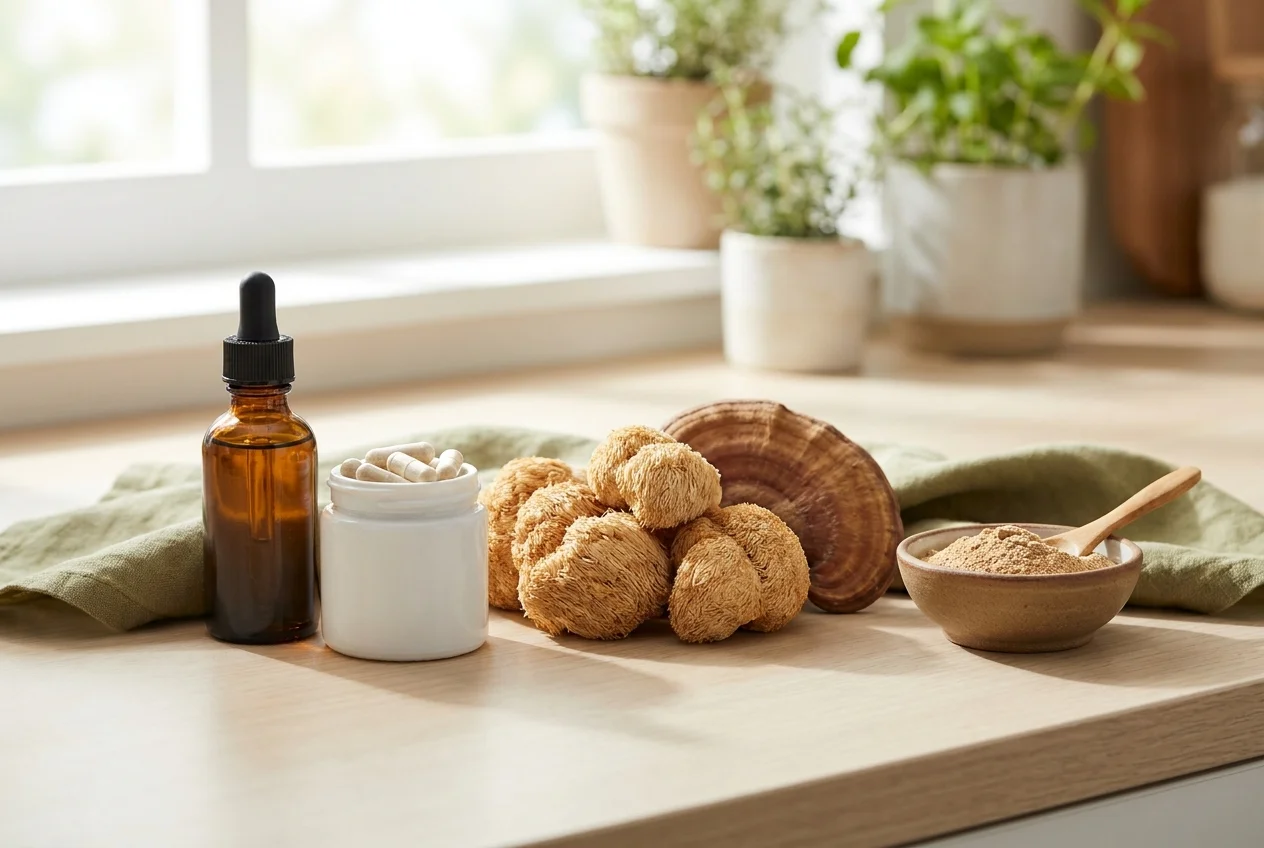 Assorted mushroom wellness products including a tincture bottle, capsules, and dried lion's mane on a wood countertop