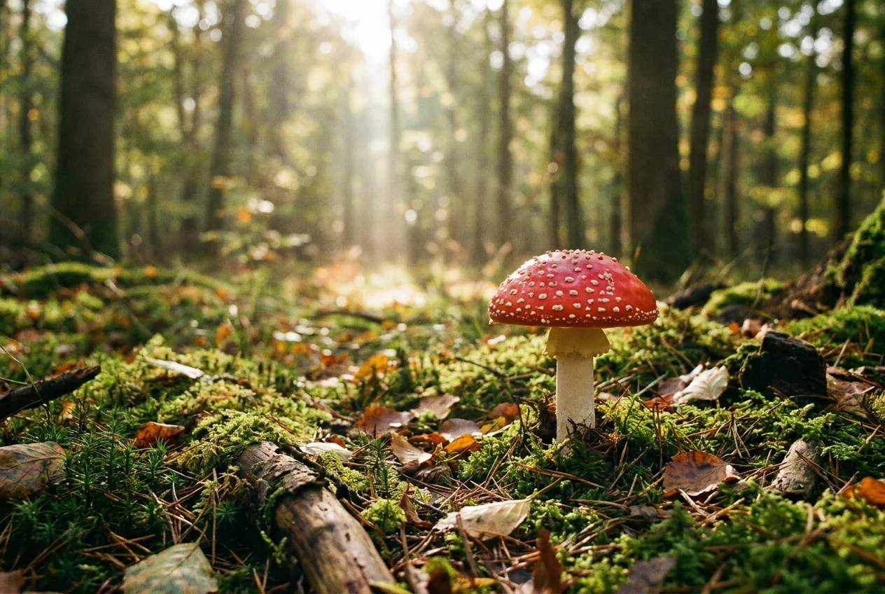 A single Amanita muscaria mushroom with red cap and white spots growing on a forest floor