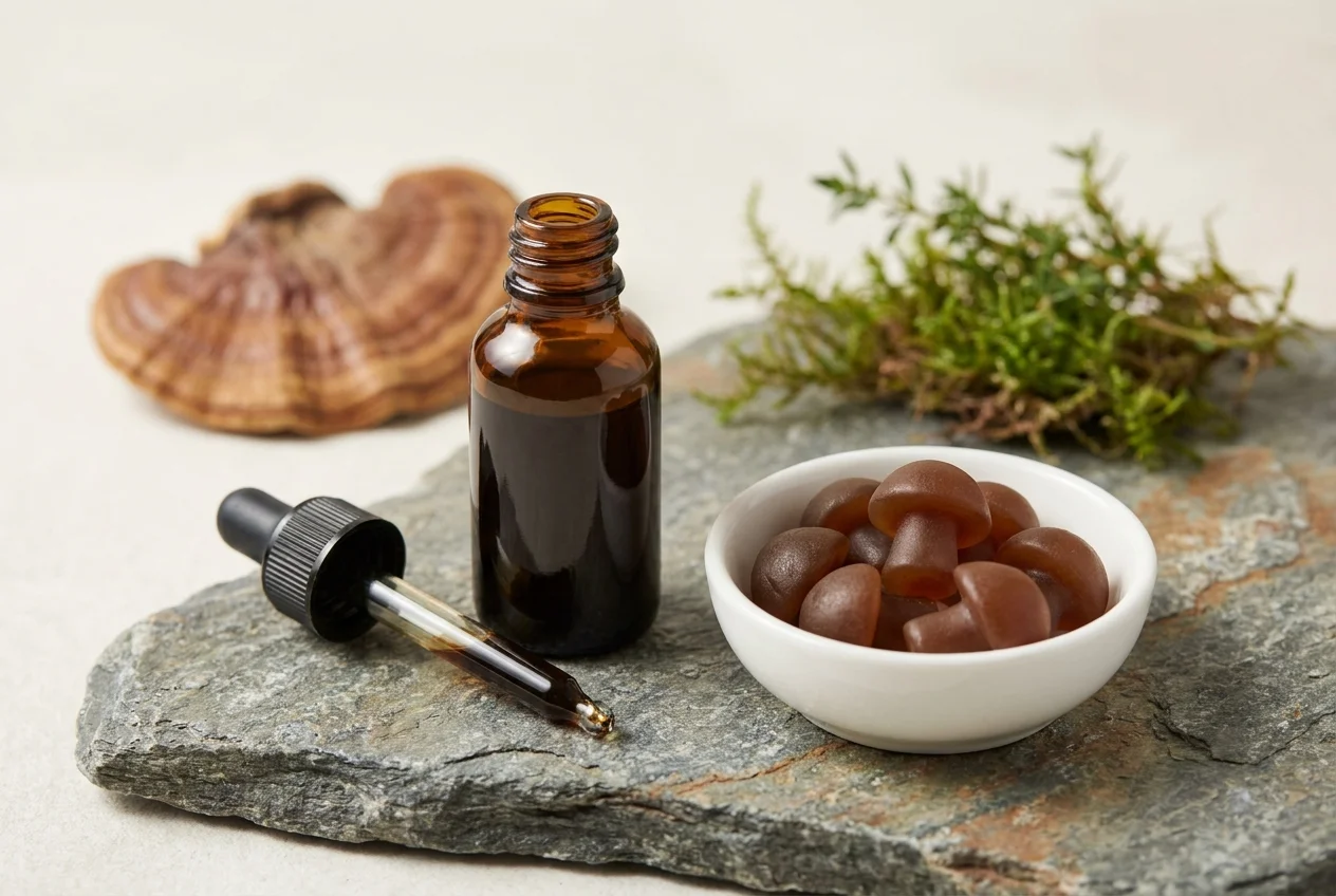 A small amber dropper bottle and ceramic dish of mushroom gummies on a slate surface