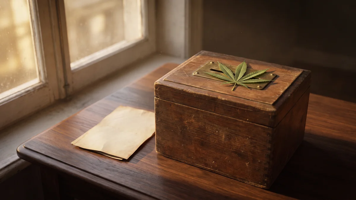 A wooden ballot box on a dark table with a folded paper ballot beside it and a green hemp leaf resting on the lid