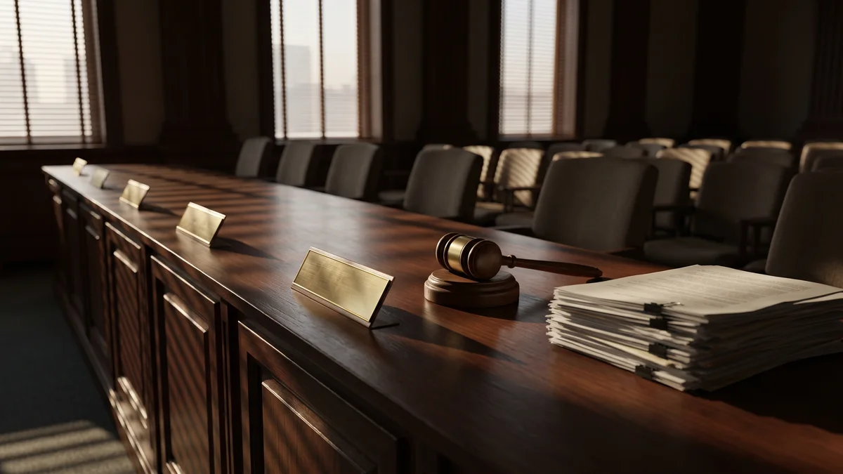 An empty legislative committee room with a wooden dais, a closed gavel block, and a thick stack of printed bill documents left behind on the table
