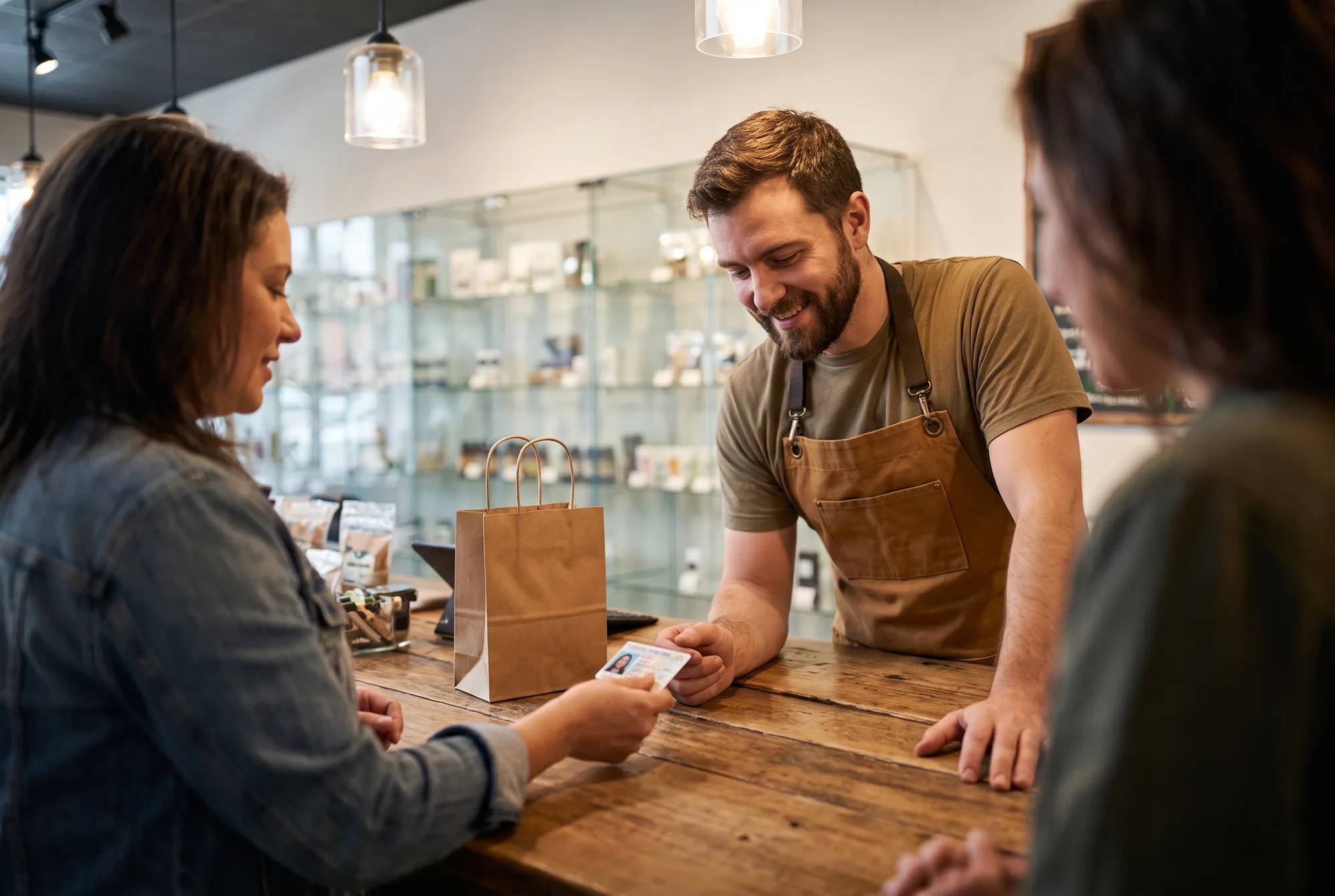 A hemp dispensary employee checking an adult customer's photo ID at the checkout counter
