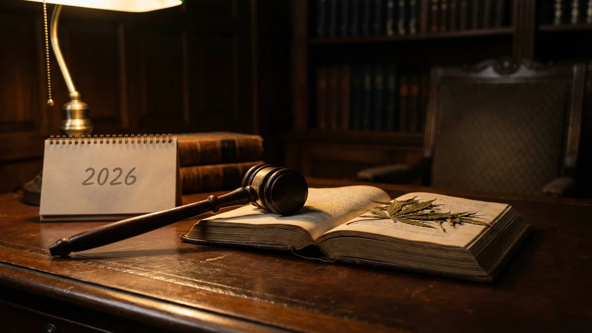 A wooden gavel on an open law book with hemp leaves, symbolizing hemp legislation
