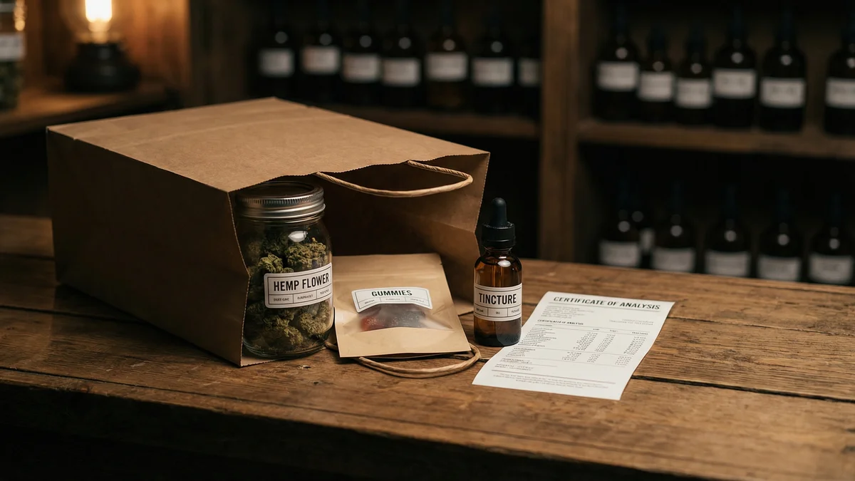 A dispensary counter with hemp products being packed into a shopping bag