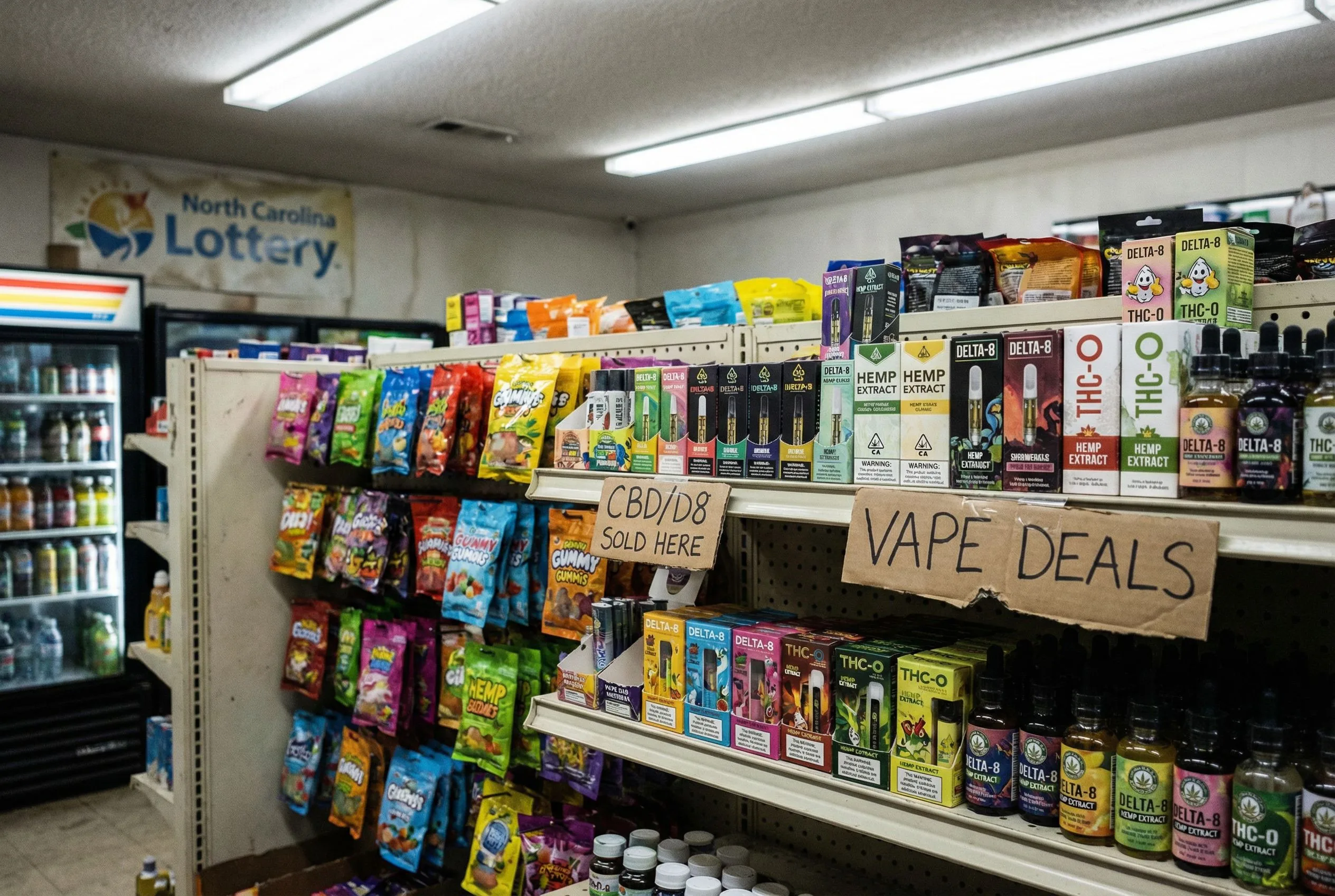 Unregulated hemp and THC products displayed on convenience store shelves with inconsistent branding and no age verification