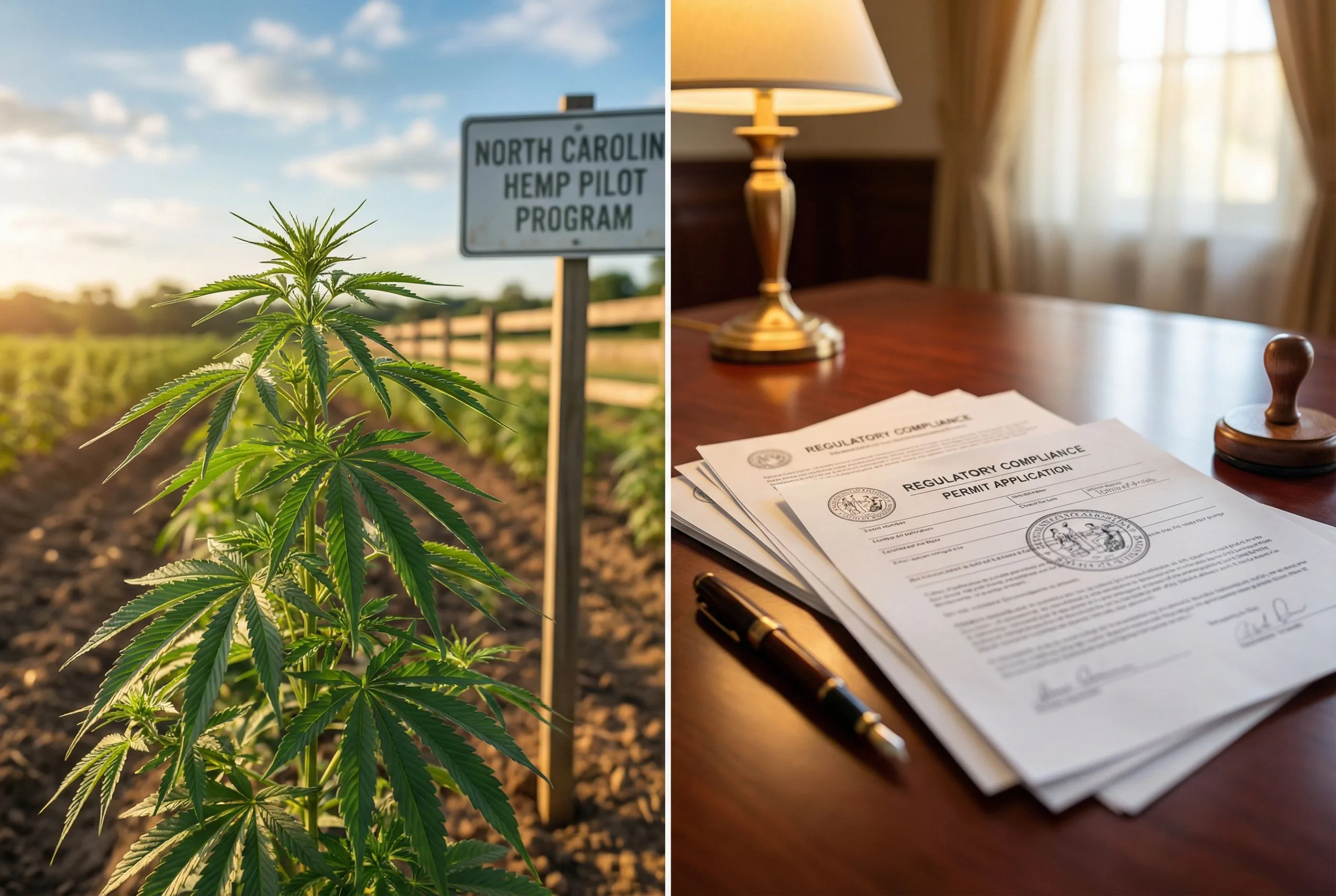 A hemp plant growing in a North Carolina farm field juxtaposed with regulatory paperwork and an official stamp on a desk