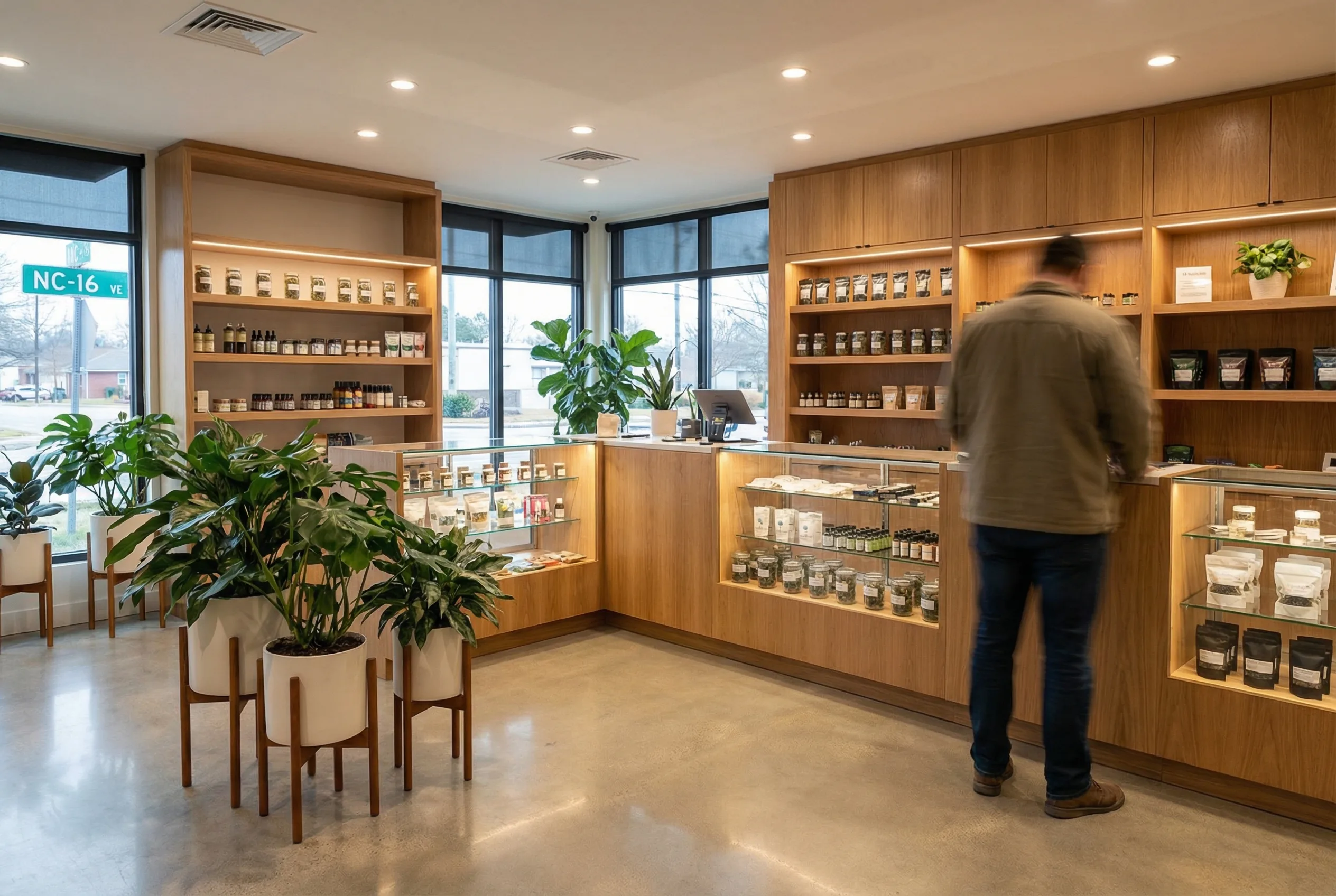 A modern, well-organized hemp dispensary interior with glass display cases and professional lighting