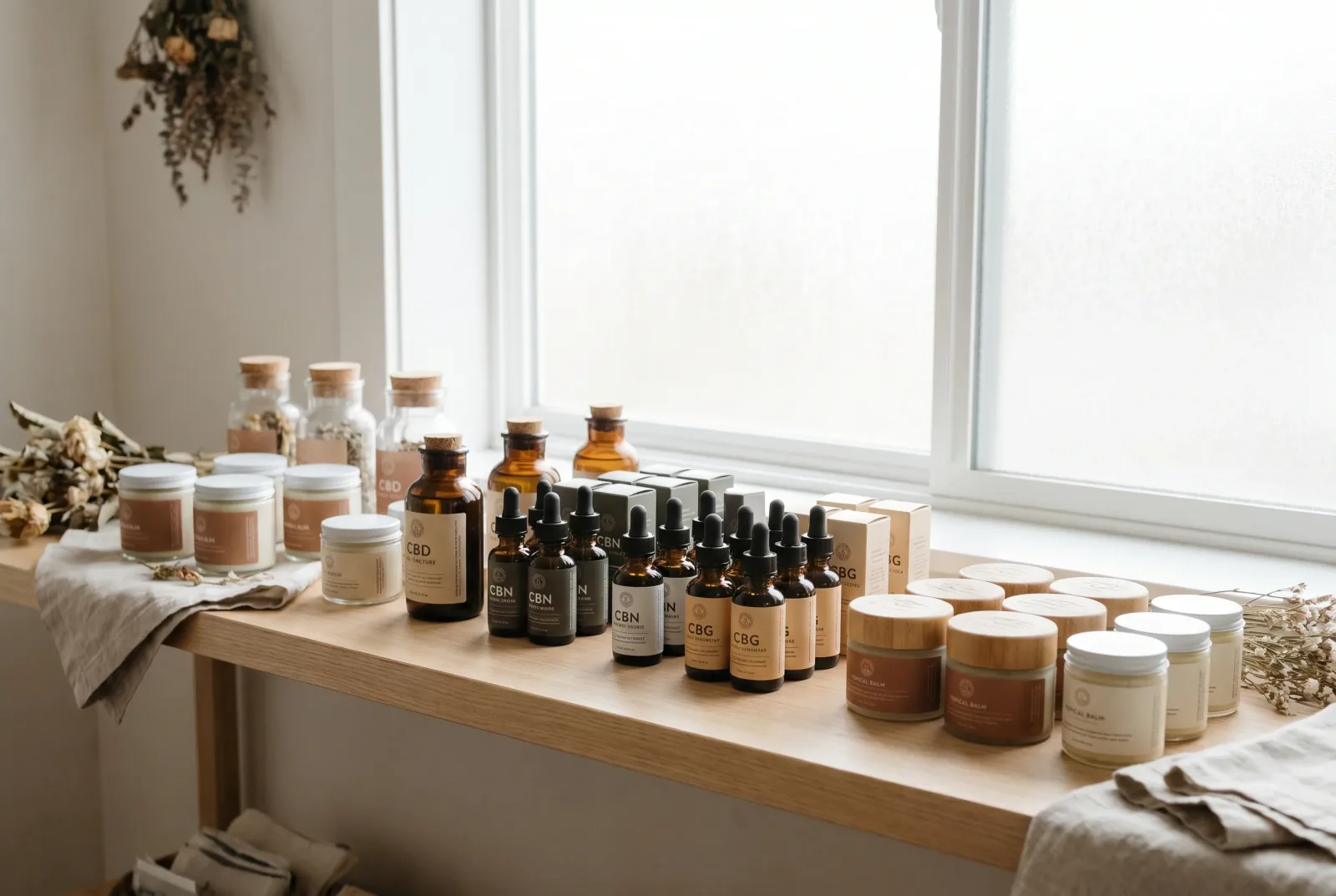 A shelf of compliant CBD, CBN, and CBG wellness products including tinctures and topicals at a North Carolina dispensary