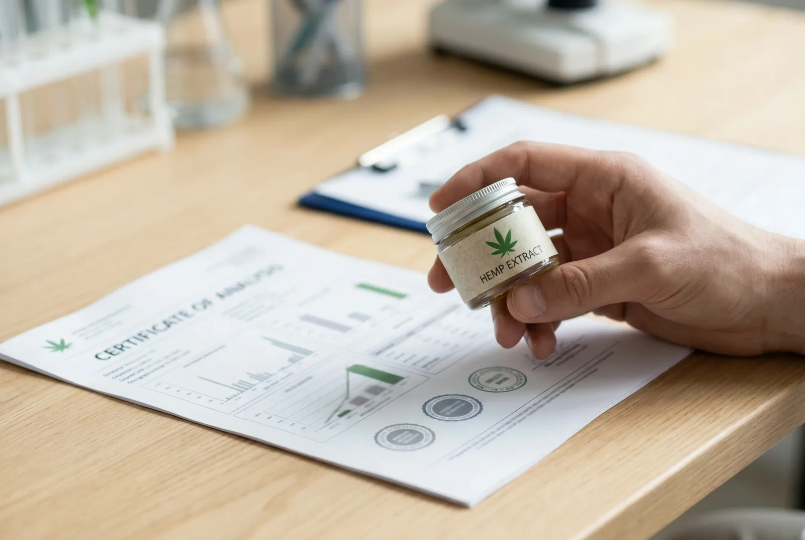 A close-up of a hemp product label and certificate of analysis showing total THC content for compliance checking