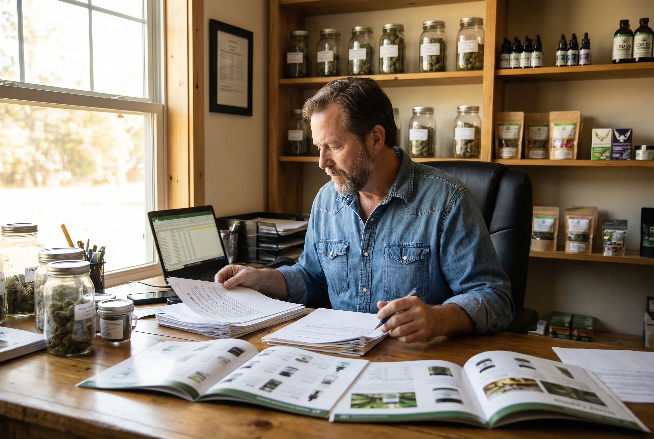 A hemp dispensary owner reviews supplier contracts and product documentation at a desk with hemp products visible on shelves behind them