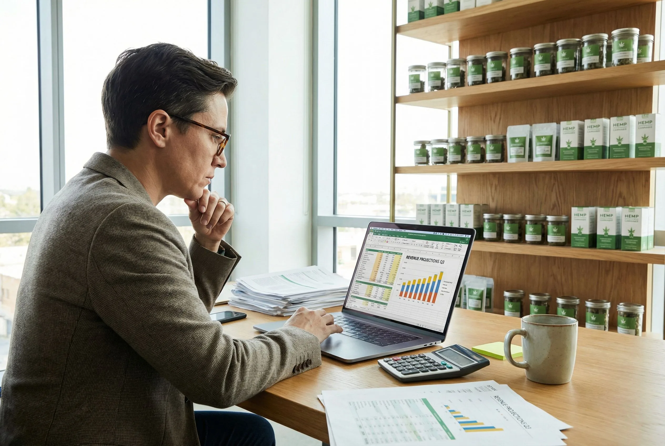 A business owner reviews financial projections on a laptop at a desk surrounded by cannabis product inventory and planning documents