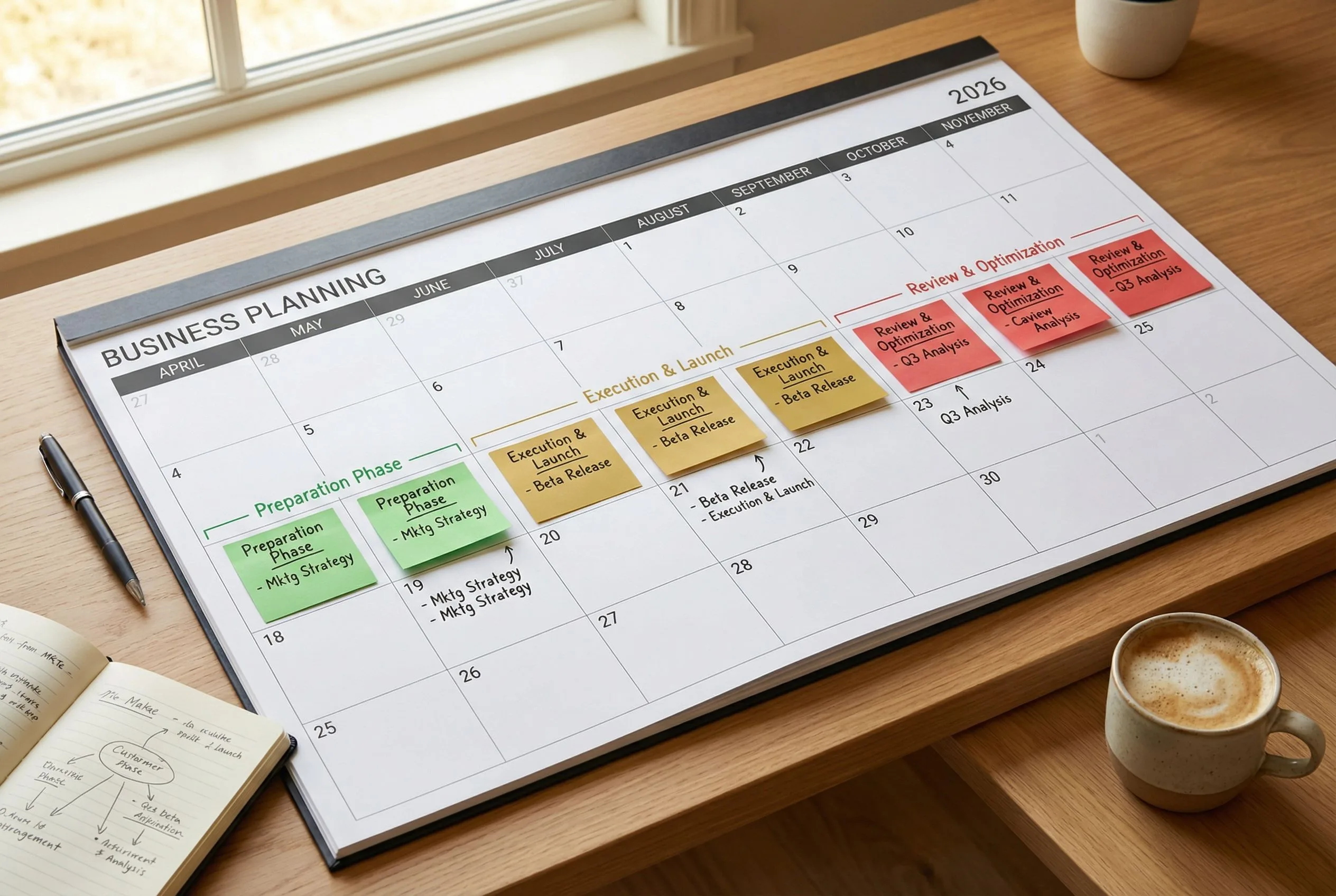 A business planning calendar with colored sticky notes marking key preparation milestones for the November 2026 hemp compliance deadline