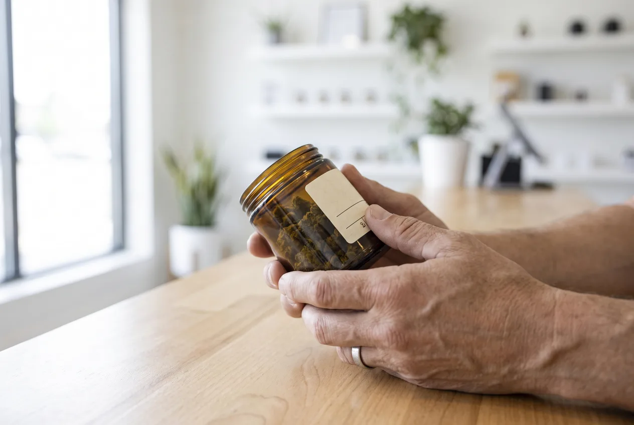 A shopper reading the label on a hemp product jar at a North Carolina dispensary