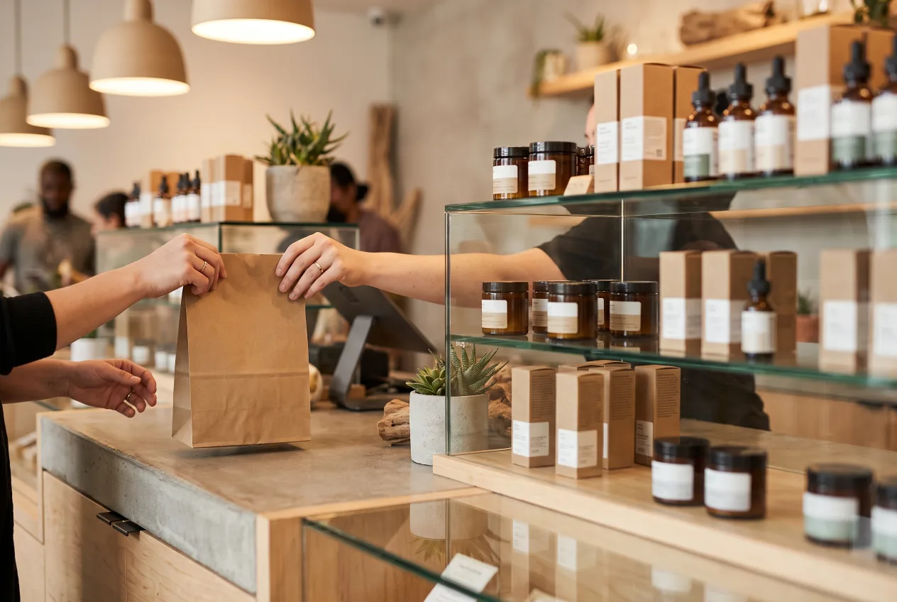 A dispensary counter with hemp products at a Triangle, North Carolina shop