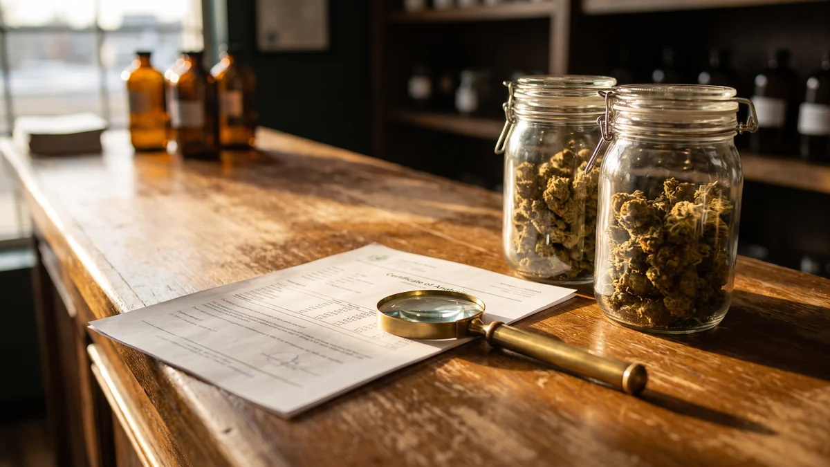 Glass jars of hemp flower with a lab certificate of analysis and a magnifying glass on a wooden dispensary counter