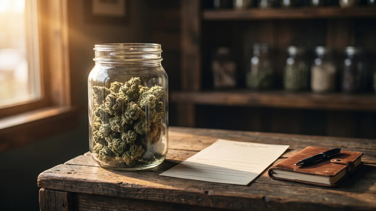 An open glass jar of hemp flower on a wooden counter beside a printed lab report and a leather notebook with a pen