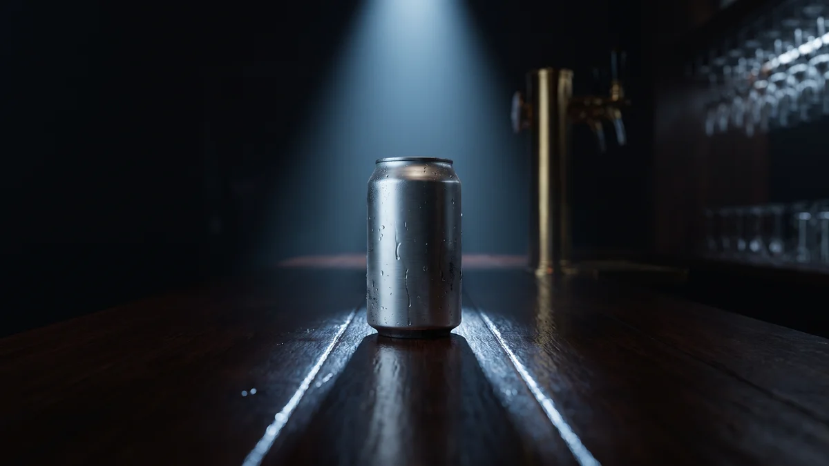 A single unlabeled slim can standing on a dark bar counter in one narrow pool of cool light, condensation beading on the metal, the rest of the room falling away into shadow