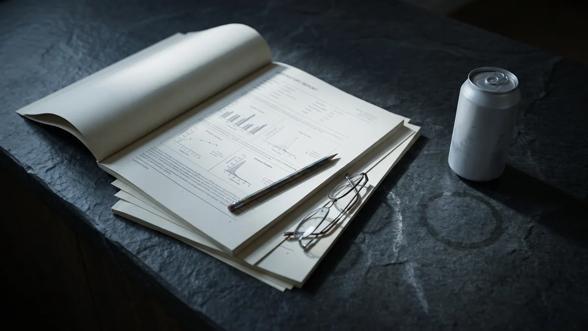 An unlabeled printed laboratory report lying open on a dark counter beside a slim unmarked can, a single cool pool of light falling across the potency table while the counter edges stay in shadow