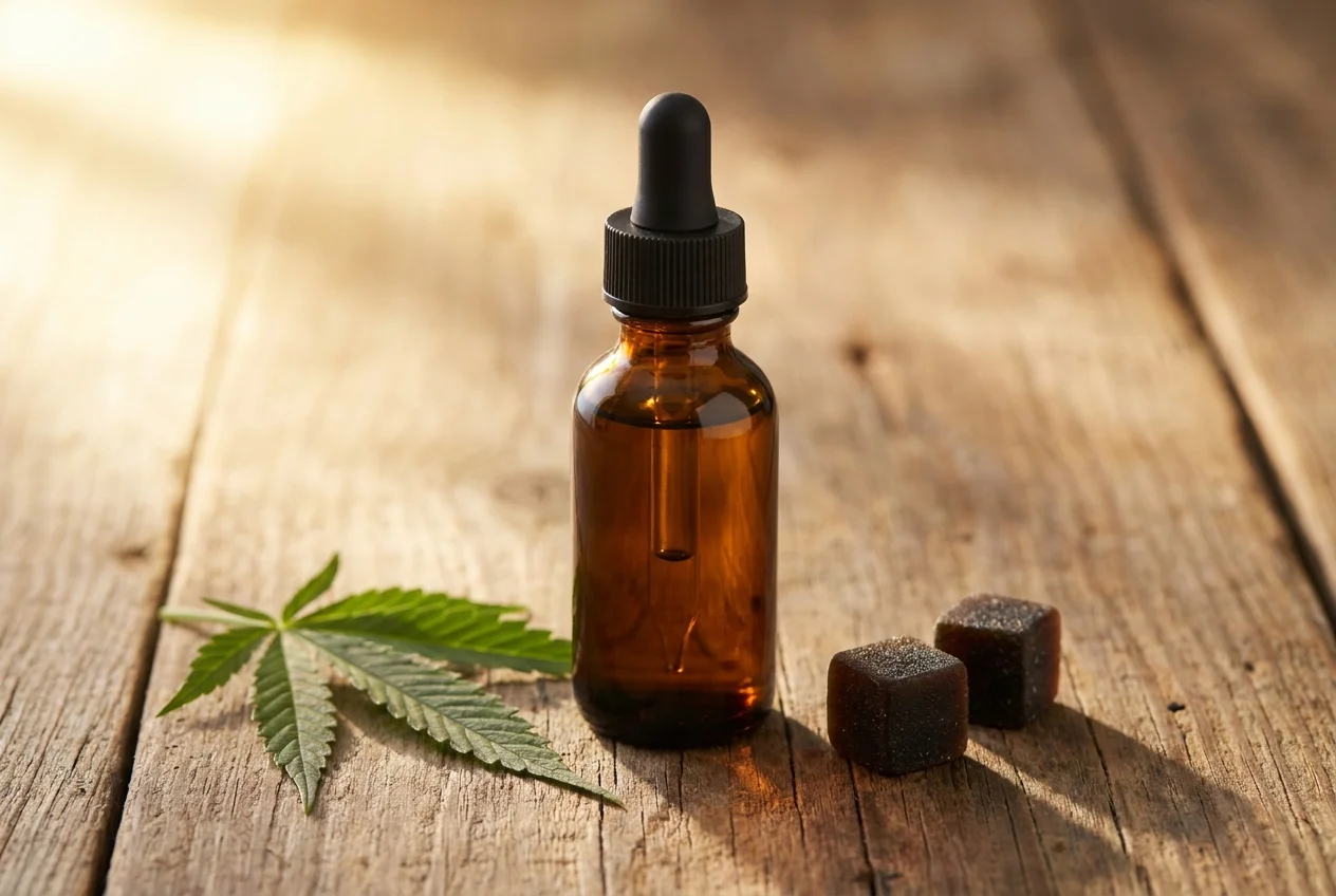 An amber glass tincture bottle with a black dropper cap standing upright on a rustic wooden surface beside a fresh green hemp leaf and two small dark hemp gummies, warm golden morning light