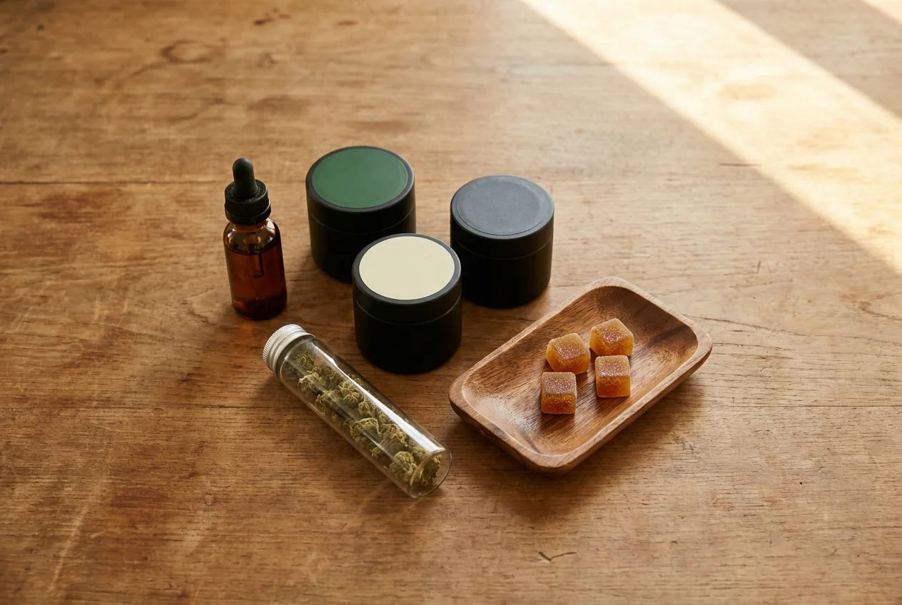 Overhead flat-lay of assorted hemp wellness products including a tincture dropper, small jars, and edibles on a warm wooden surface