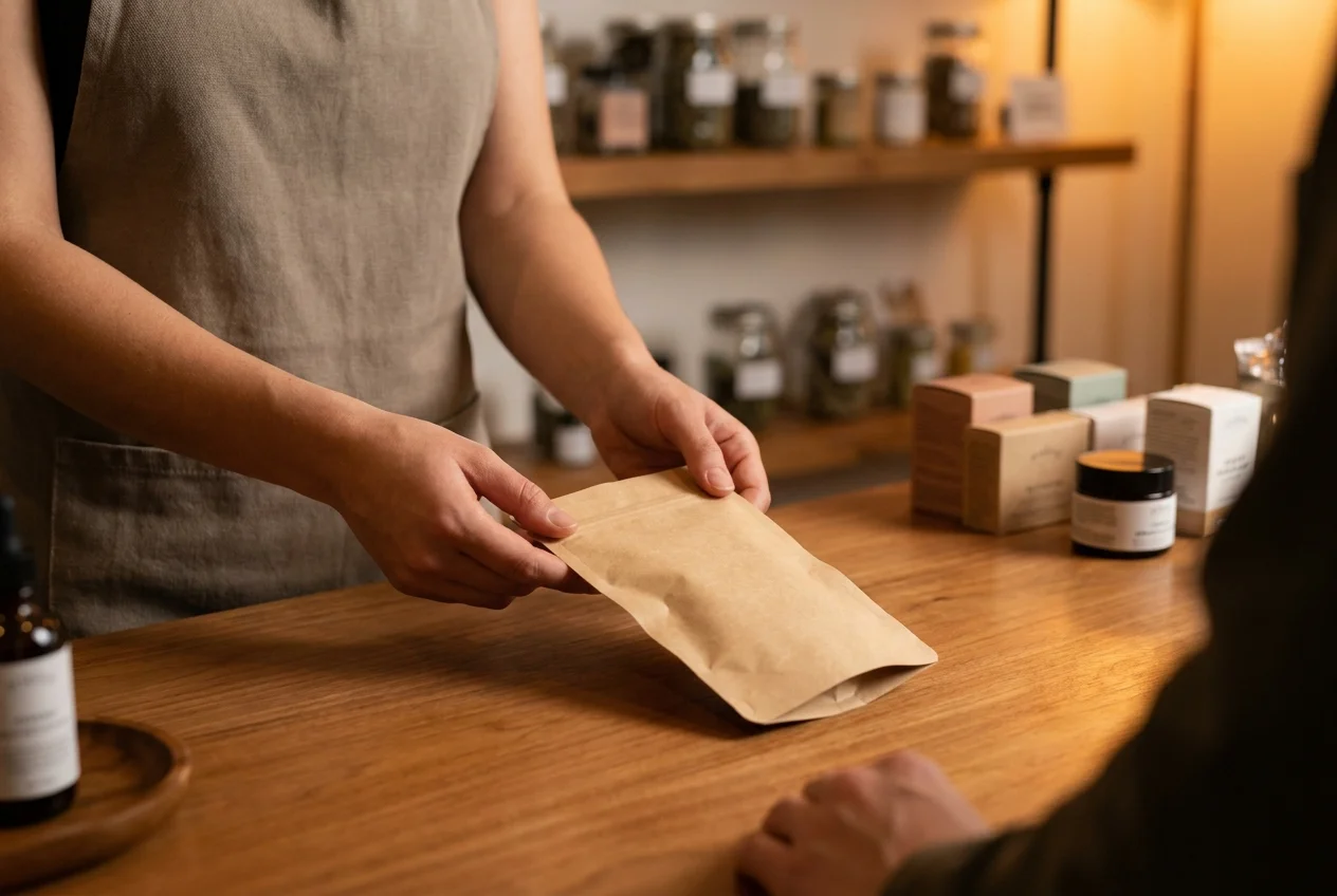 A staff member's hands passing a small kraft-paper bag across a warm wood dispensary counter with shelves blurred in the background