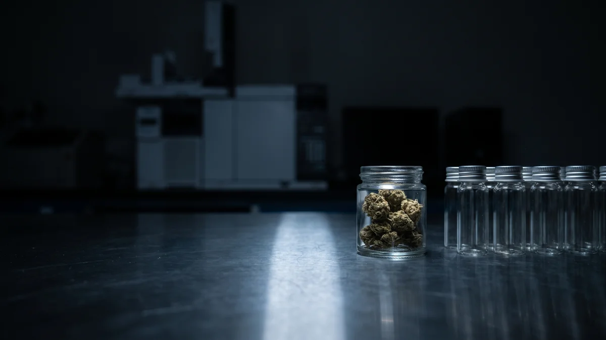 A single glass jar of dried cannabis flower sitting on a dark laboratory bench beside a row of empty sample vials, lit by one narrow beam of cool light while the rest of the room falls into shadow