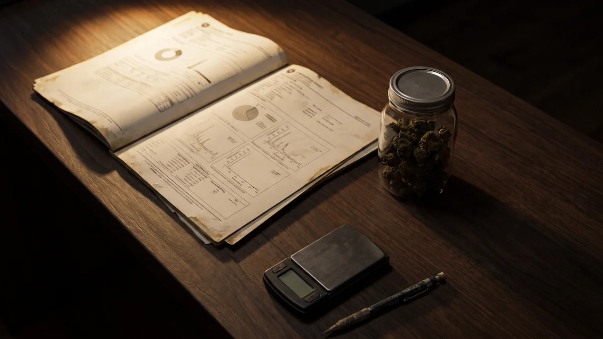 A certificate of analysis lying on a dark wooden counter beside a sealed glass jar of dried flower, a single pool of warm light falling across the printed potency table while the counter edges stay in shadow