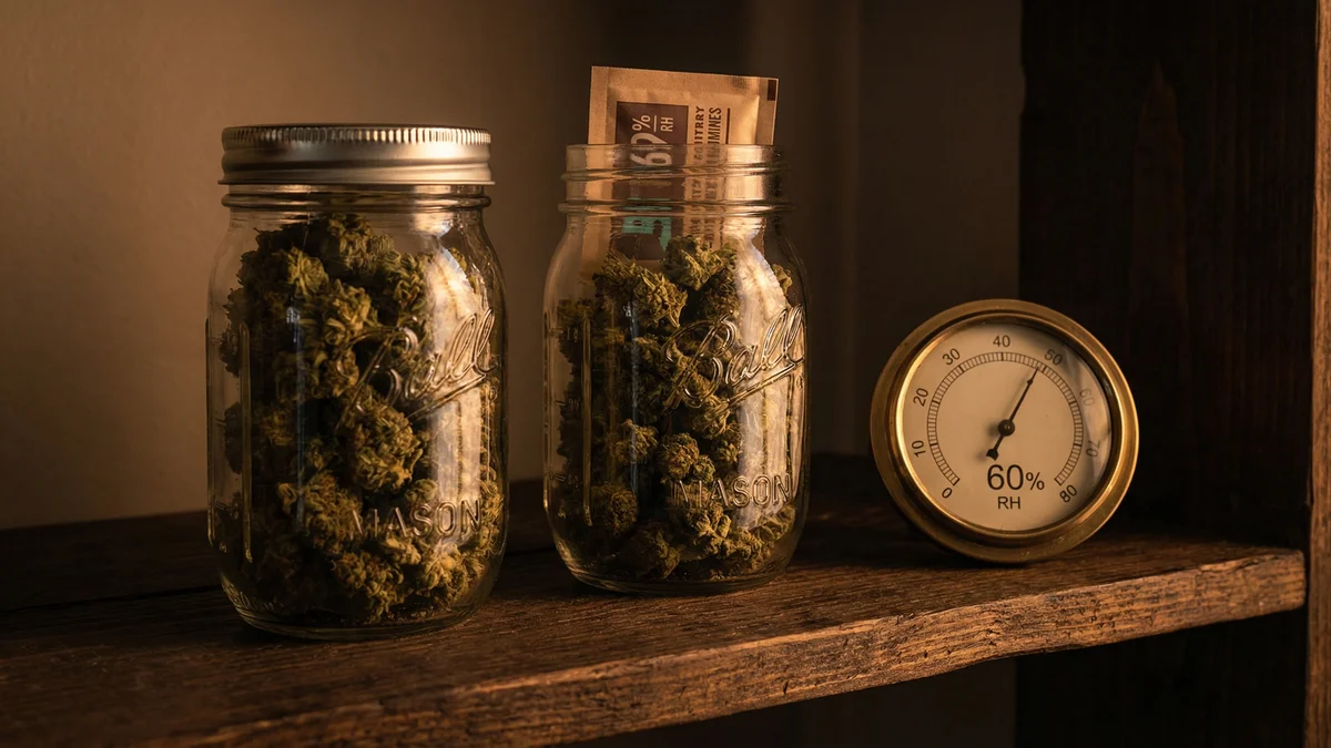 Glass mason jars with hemp flower stored alongside humidity packs for proper preservation