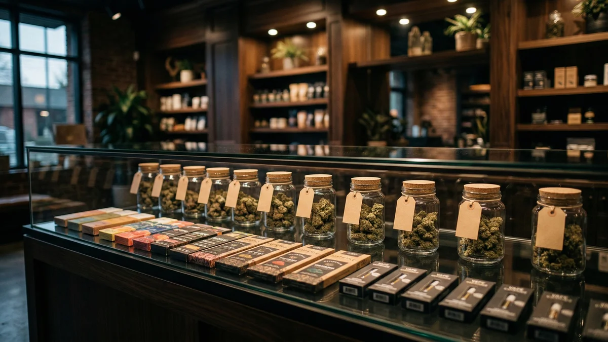 Hemp dispensary display counter with organized product selections and warm accent lighting