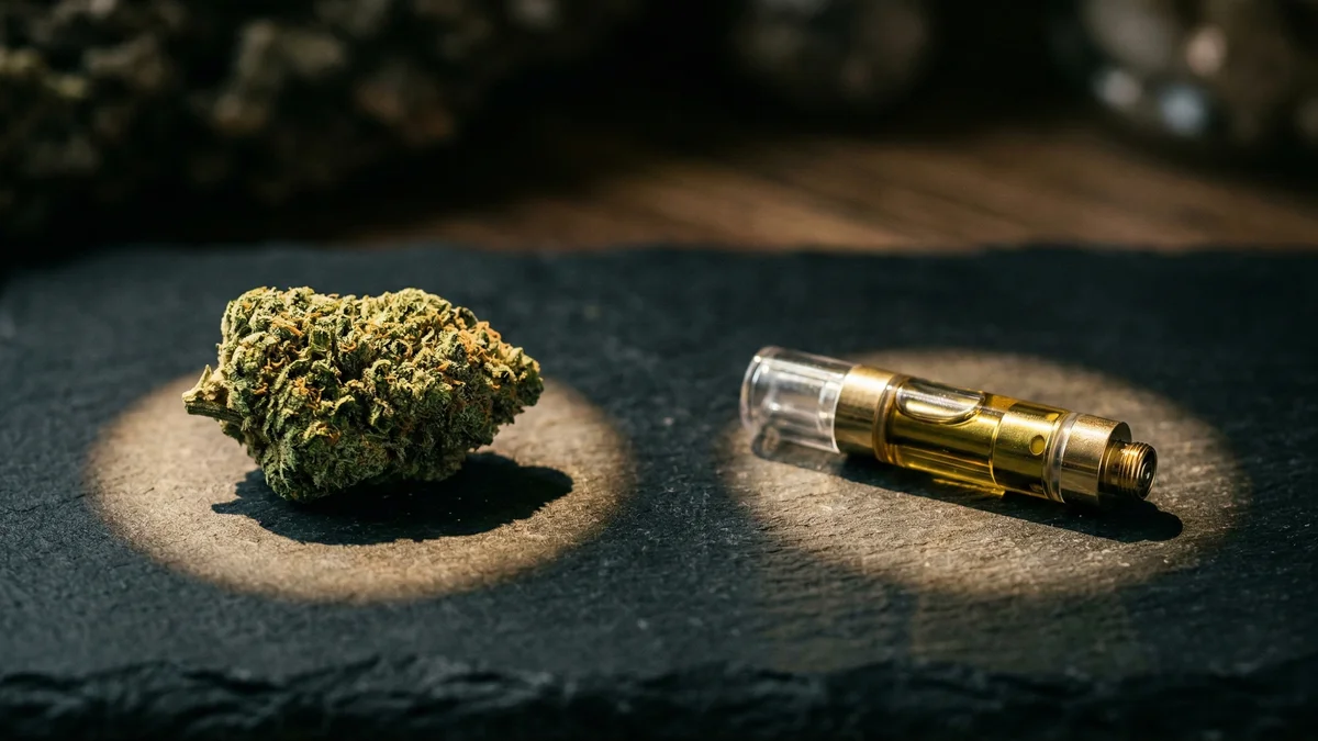 A THCa flower bud beside a Delta-8 vape cartridge showing the two product types side by side