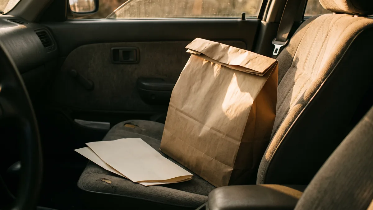 A plain kraft paper shopping bag and folded paperwork on a car passenger seat in warm afternoon light