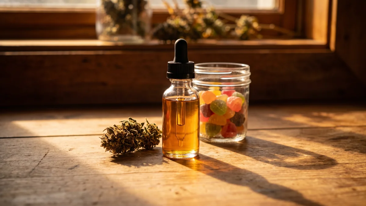 A glass dropper bottle of hemp tincture sitting on a wooden counter next to hemp flower and a small jar of gummies