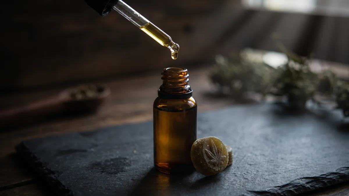 A glass dropper releasing a drop of golden tincture oil into an amber bottle beside a hemp gummy on a dark slate surface