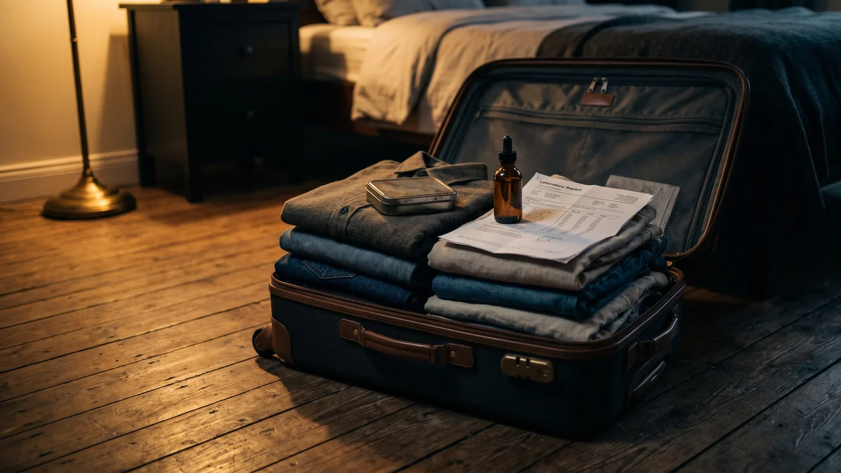 A packed carry-on suitcase on a bedroom floor with a sealed hemp gummy tin, a CBD tincture bottle, and a printed lab report tucked beside folded clothing