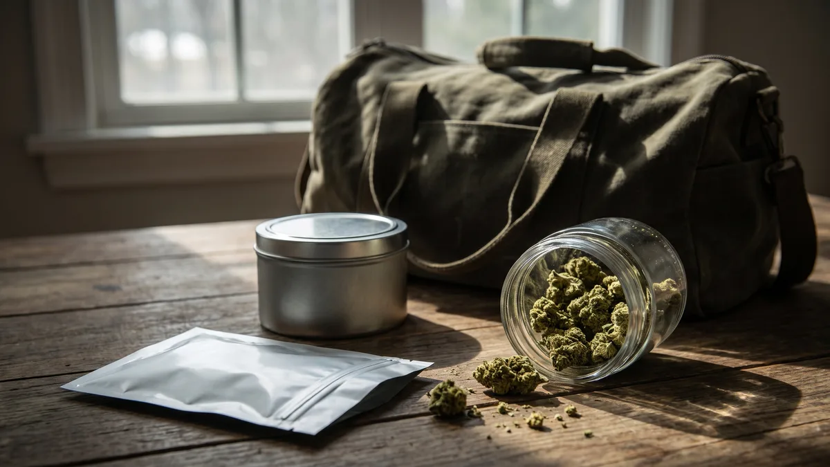 A sealed metal tin and a sealed foil pouch on a wooden table beside a tipped-over glass jar of loose hemp flower and a canvas travel bag