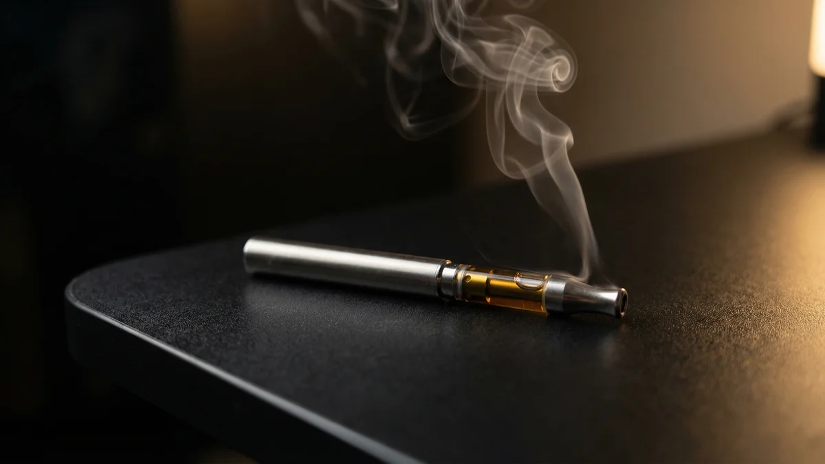 A sleek vape pen producing a thin wisp of vapor against a dark background