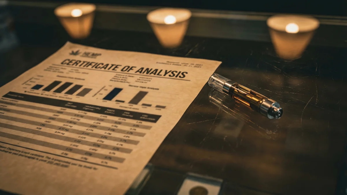 A printed lab COA next to a hemp vape cartridge on a dispensary counter