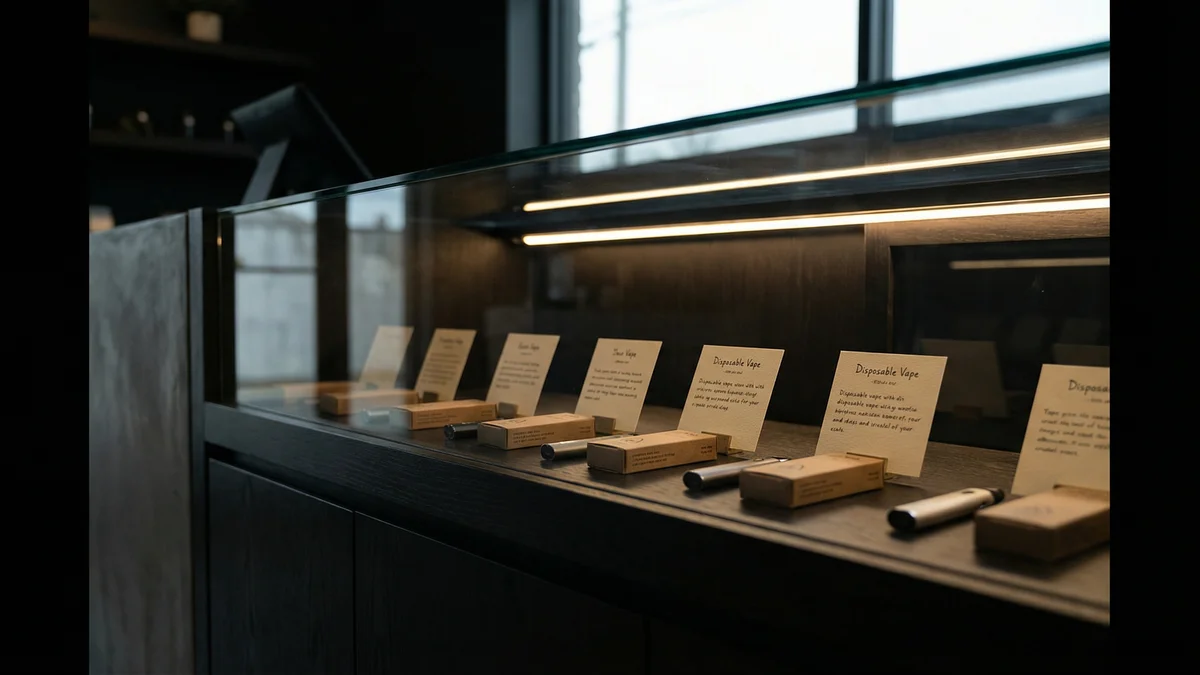 A modern dispensary display case with vape cartridges and disposable pens behind glass