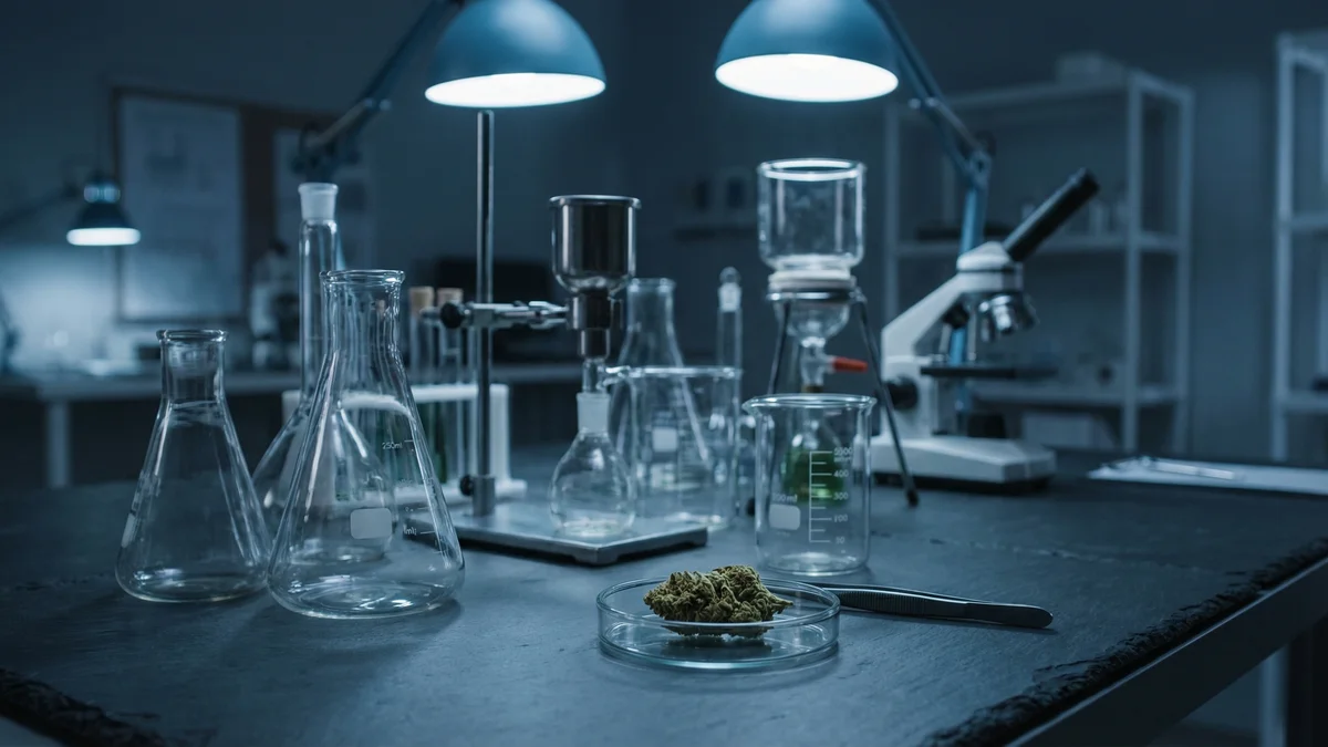 Laboratory testing equipment with glass flasks and beakers used for hemp product analysis