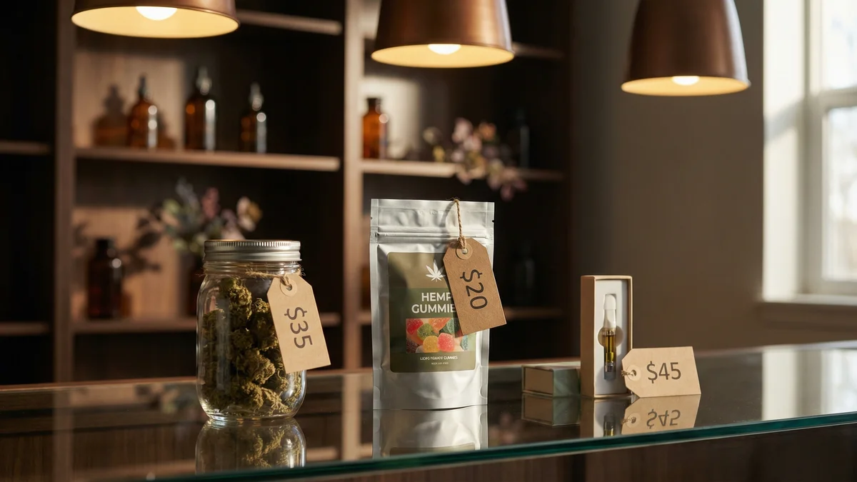 Assorted hemp products with price tags on a dispensary counter showing fair retail pricing