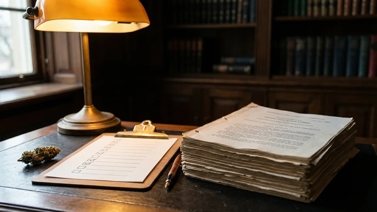 A stack of regulatory documents beside hemp products suggesting upcoming legislation changes