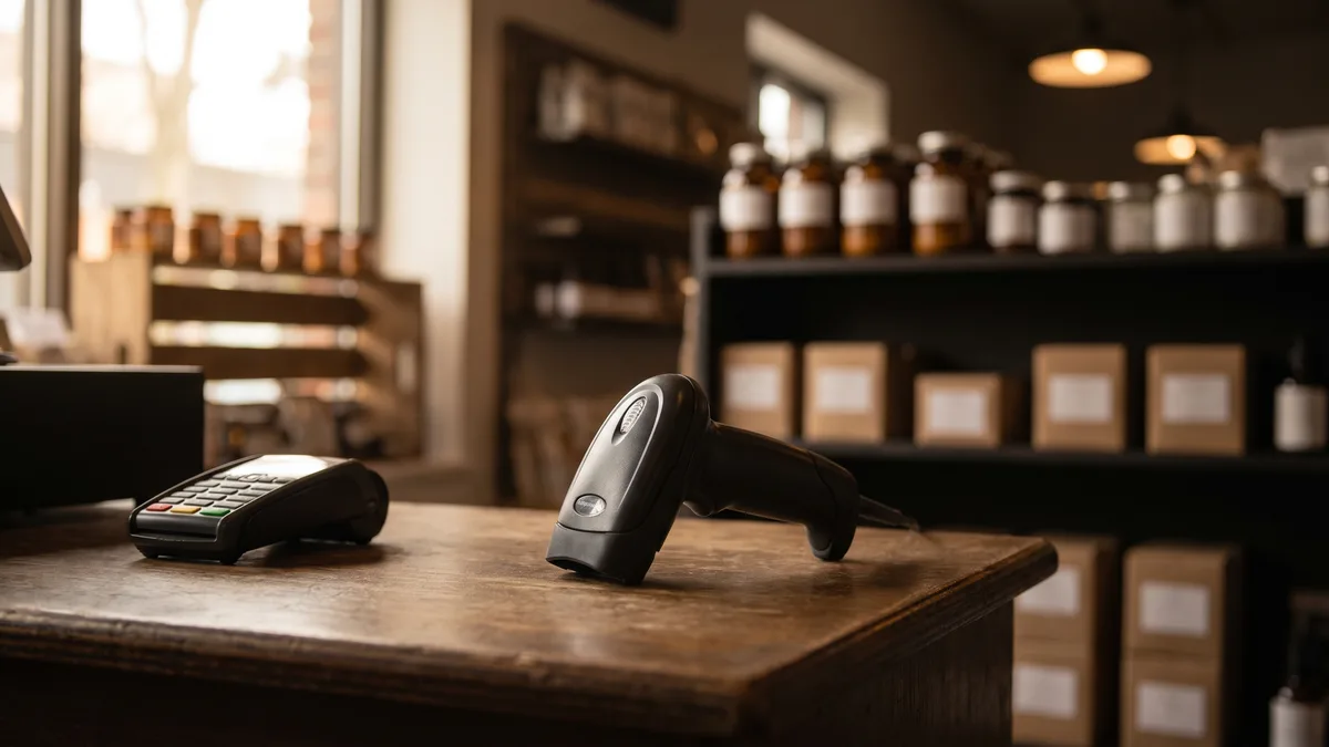 A handheld scanner and a card payment terminal on a wooden dispensary checkout counter with shelves of jars and boxed products behind